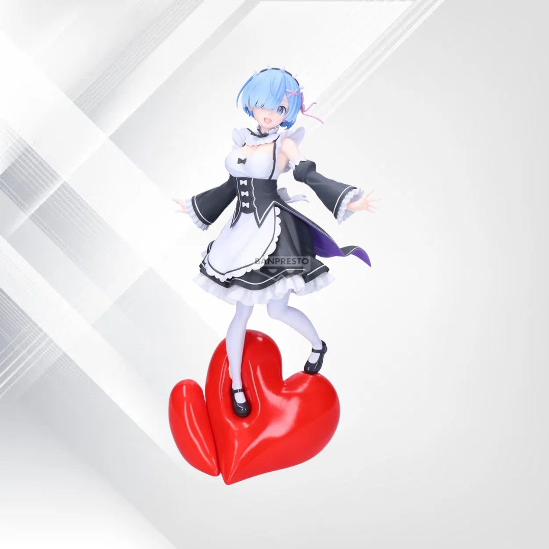 Figurka Rem Espresto Poppin' Heart 28 cm – Re:Zero, Rem w stroju pokojówki na podstawce w kształcie czerwonego serca