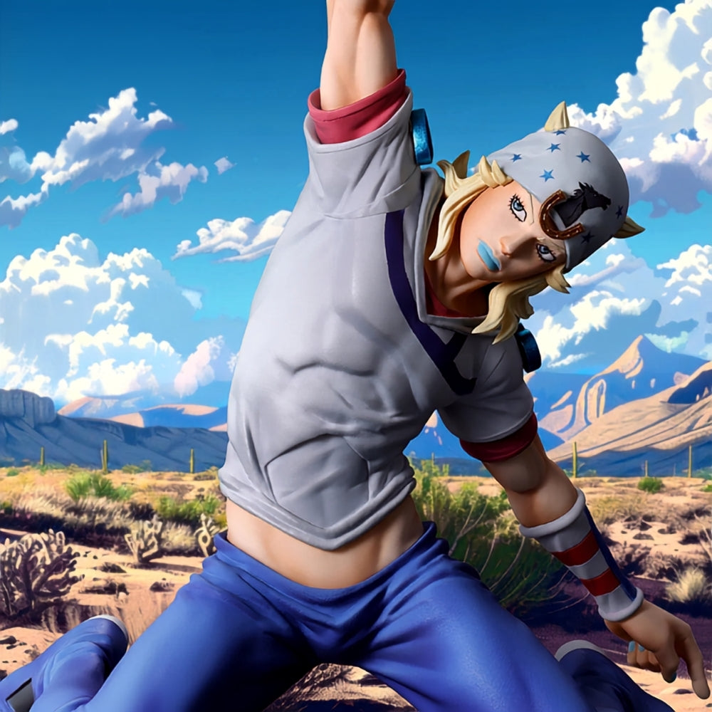 Johnny Joestar Mometria – zbliżenie na czapkę w gwiazdki z podkową i frotki w paski